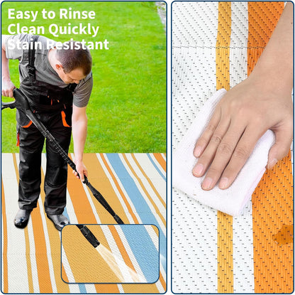 Large Outdoor Rug 8'x10' 320gsm PP Woven Waterproof UV Resistant Reversible Foldable Mat for Small Patio Balcony RV Picnic Camping Striped Blue Orange Yellow White