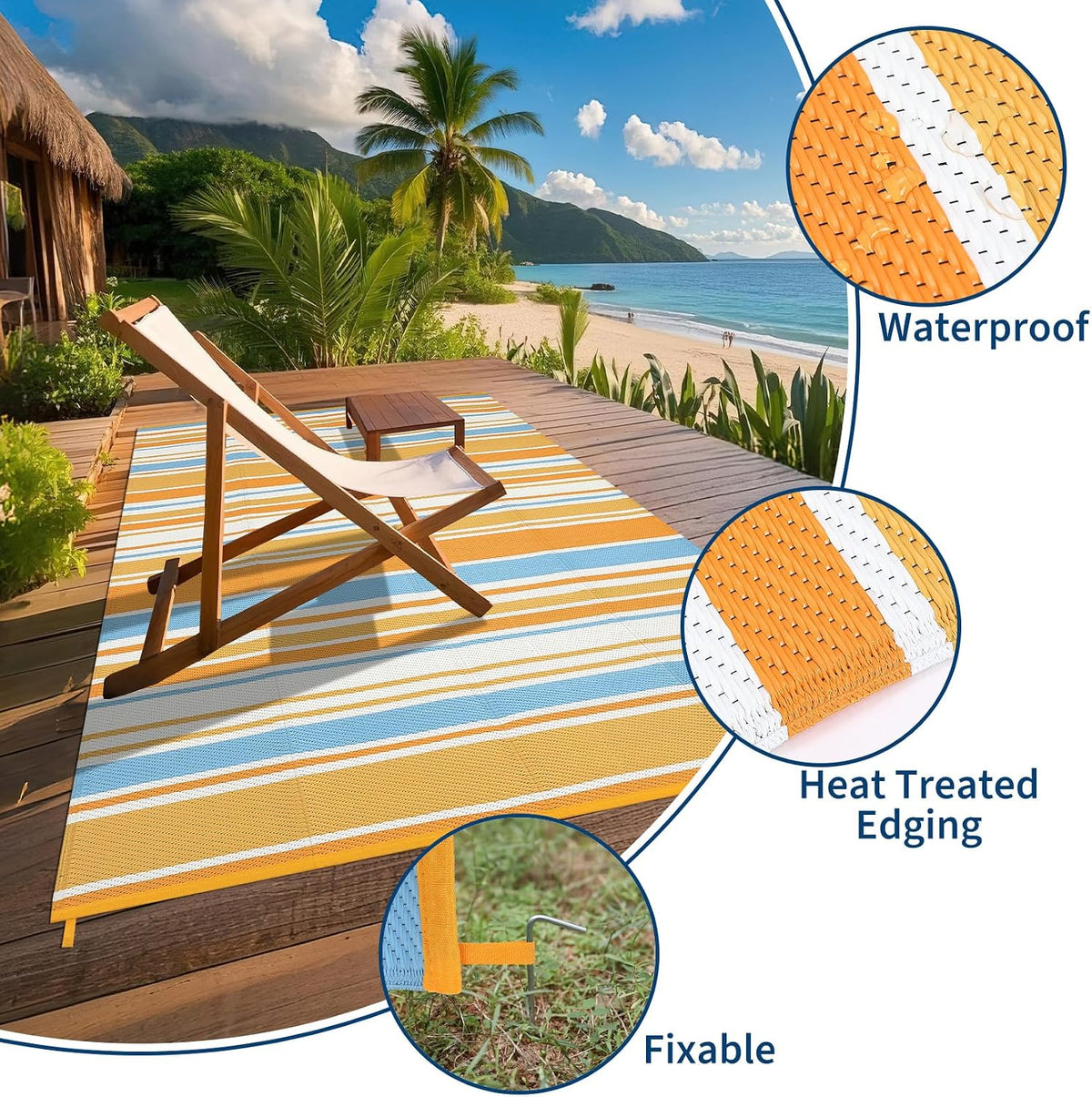 Large Outdoor Rug 8'x10' 320gsm PP Woven Waterproof UV Resistant Reversible Foldable Mat for Small Patio Balcony RV Picnic Camping Striped Blue Orange Yellow White