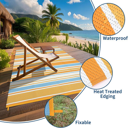 Large Outdoor Rug 8'x10' 320gsm PP Woven Waterproof UV Resistant Reversible Foldable Mat for Small Patio Balcony RV Picnic Camping Striped Blue Orange Yellow White