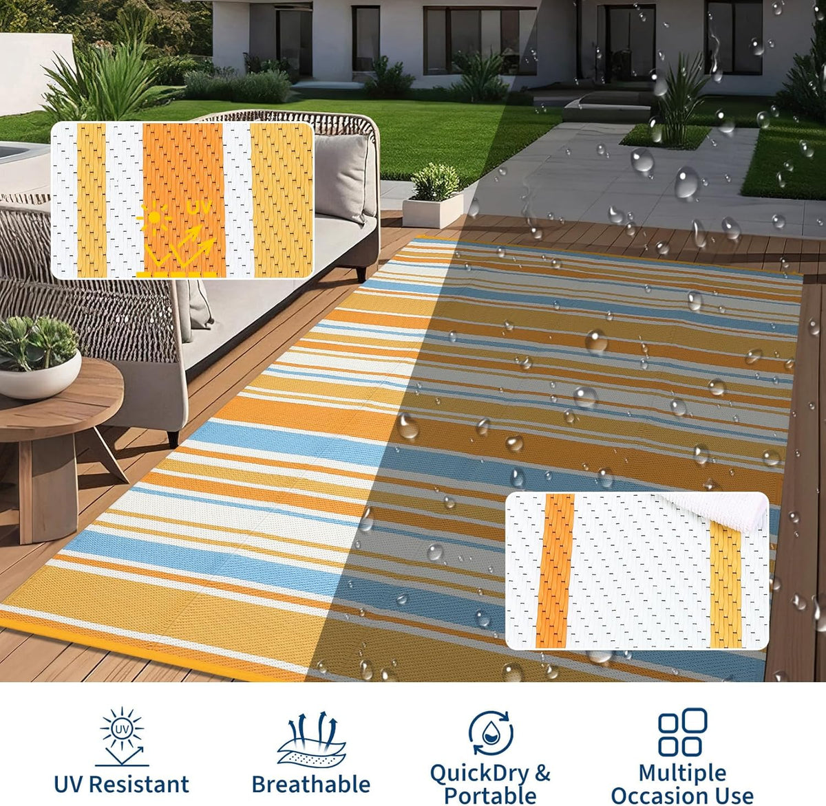 Large Outdoor Rug 8'x10' 320gsm PP Woven Waterproof UV Resistant Reversible Foldable Mat for Small Patio Balcony RV Picnic Camping Striped Blue Orange Yellow White