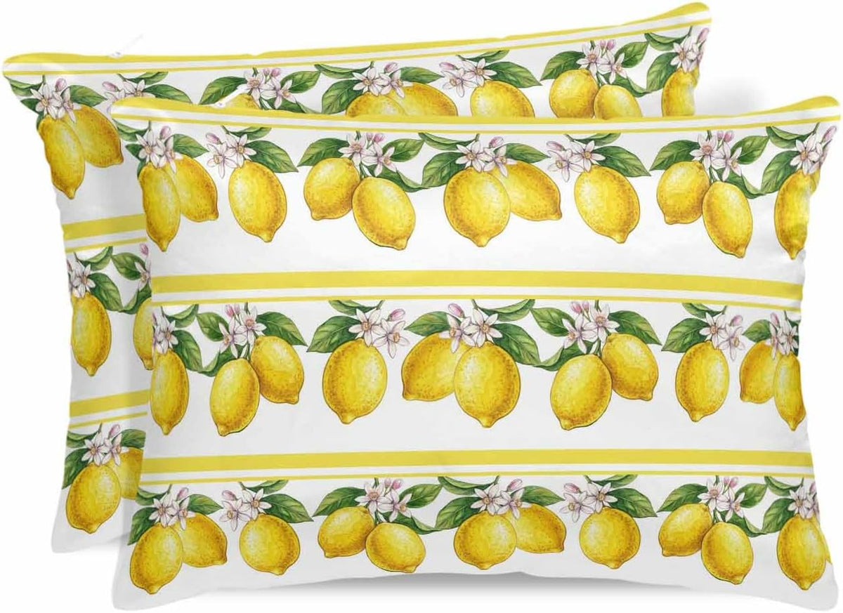 Satin Pillowcase for Hair and Skin Summer Lemons Vintage Pillow Cases 2 Pack with Zipper, Super Soft Cooling Similar to Silk Pillow Covers, 20x26 Inch Yellow Fruit Leaf Striped White Background