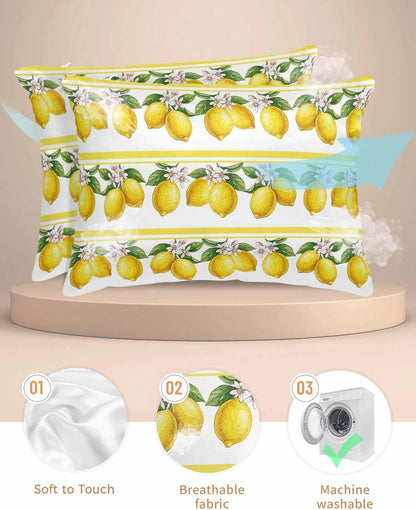 Satin Pillowcase for Hair and Skin Summer Lemons Vintage Pillow Cases 2 Pack with Zipper, Super Soft Cooling Similar to Silk Pillow Covers, 20x26 Inch Yellow Fruit Leaf Striped White Background