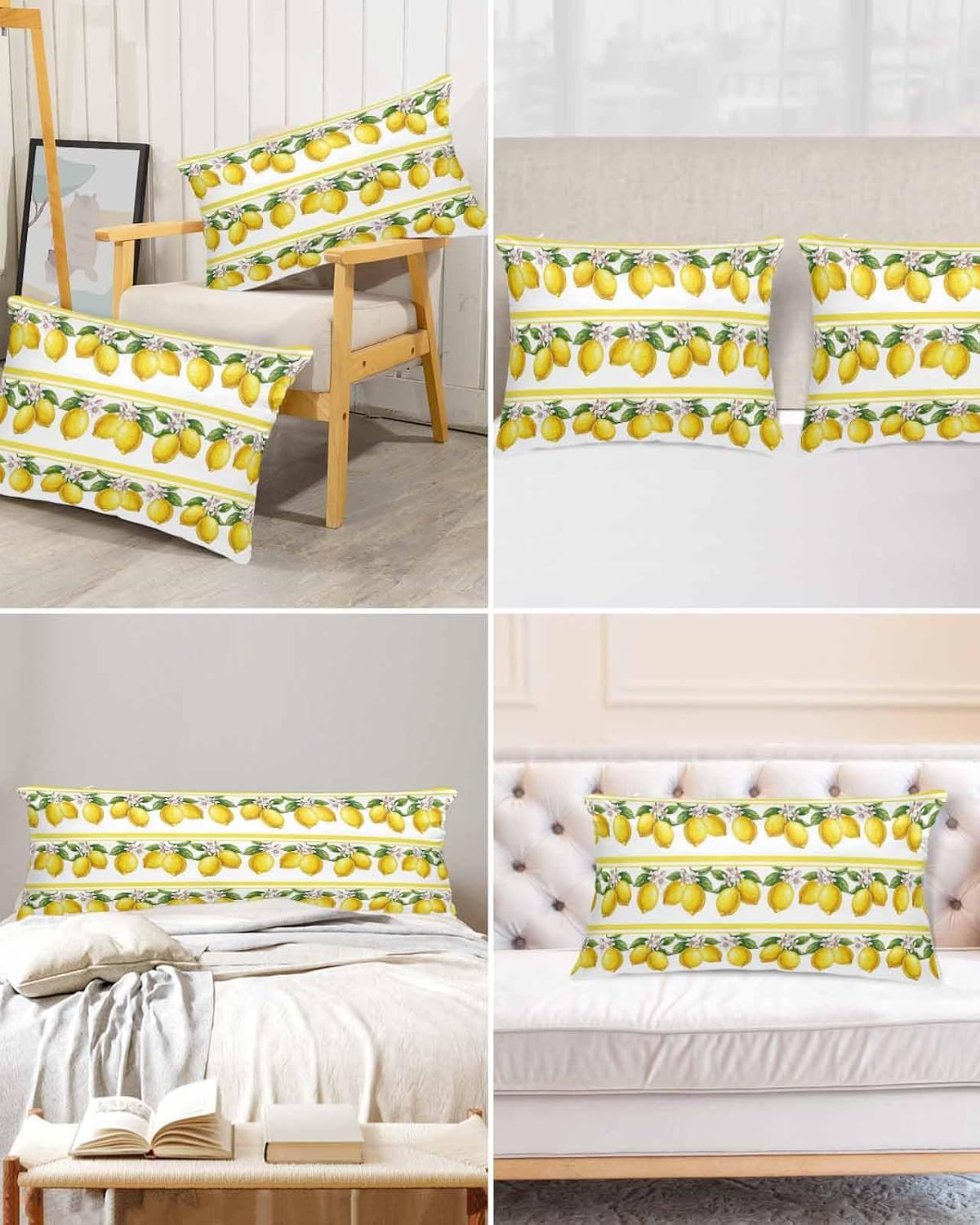 Satin Pillowcase for Hair and Skin Summer Lemons Vintage Pillow Cases 2 Pack with Zipper, Super Soft Cooling Similar to Silk Pillow Covers, 20x26 Inch Yellow Fruit Leaf Striped White Background