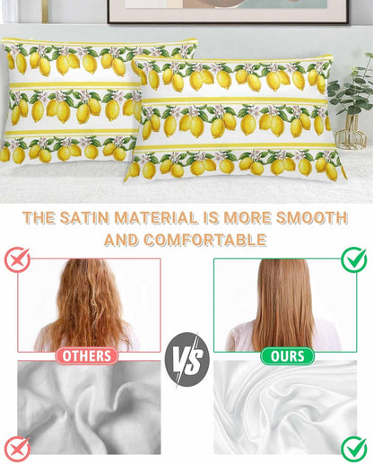 Satin Pillowcase for Hair and Skin Summer Lemons Vintage Pillow Cases 2 Pack with Zipper, Super Soft Cooling Similar to Silk Pillow Covers, 20x26 Inch Yellow Fruit Leaf Striped White Background