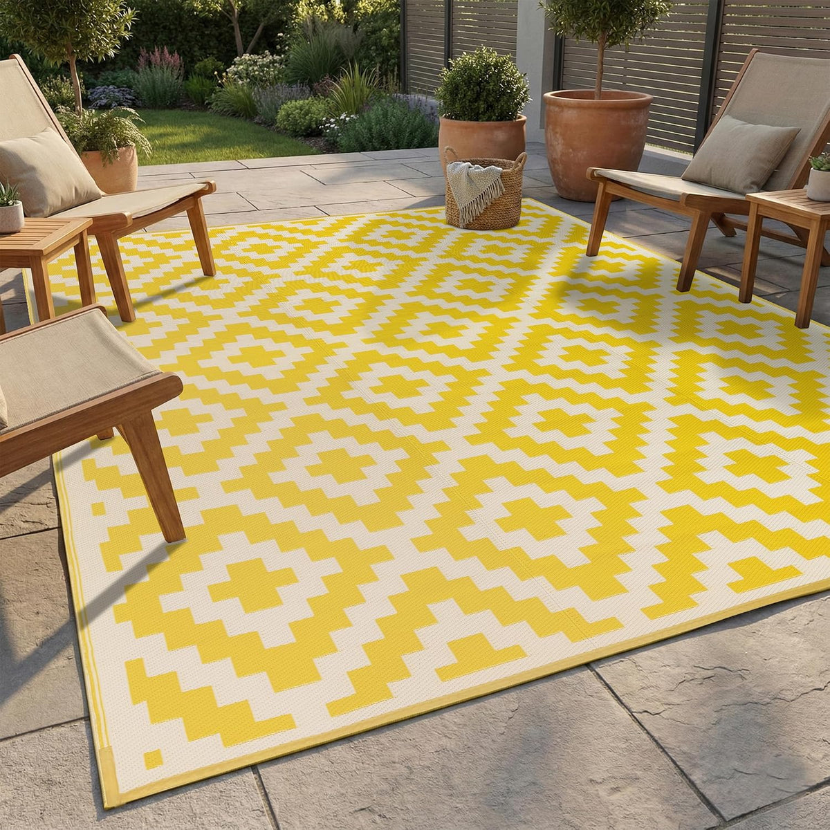 Outdoor Camping Rug - Waterproof, Fade Resistant, Reversible - Premium Recycled Plastic - Geometric - Picnic, Patio, Deck, Sunroom, RV - Aztec - Yellow & White - 4 x 6 ft Foldable