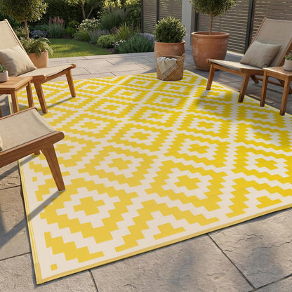 Outdoor Camping Rug - Waterproof, Fade Resistant, Reversible - Premium Recycled Plastic - Geometric - Picnic, Patio, Deck, Sunroom, RV - Aztec - Yellow & White - 4 x 6 ft Foldable