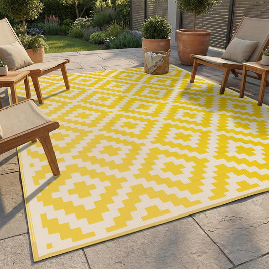 Outdoor Camping Rug - Waterproof, Fade Resistant, Reversible - Premium Recycled Plastic - Geometric - Picnic, Patio, Deck, Sunroom, RV - Aztec - Yellow & White - 4 x 6 ft Foldable
