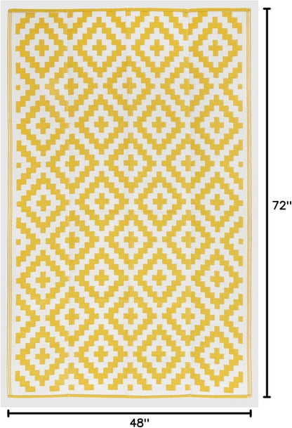 Outdoor Camping Rug - Waterproof, Fade Resistant, Reversible - Premium Recycled Plastic - Geometric - Picnic, Patio, Deck, Sunroom, RV - Aztec - Yellow & White - 4 x 6 ft Foldable
