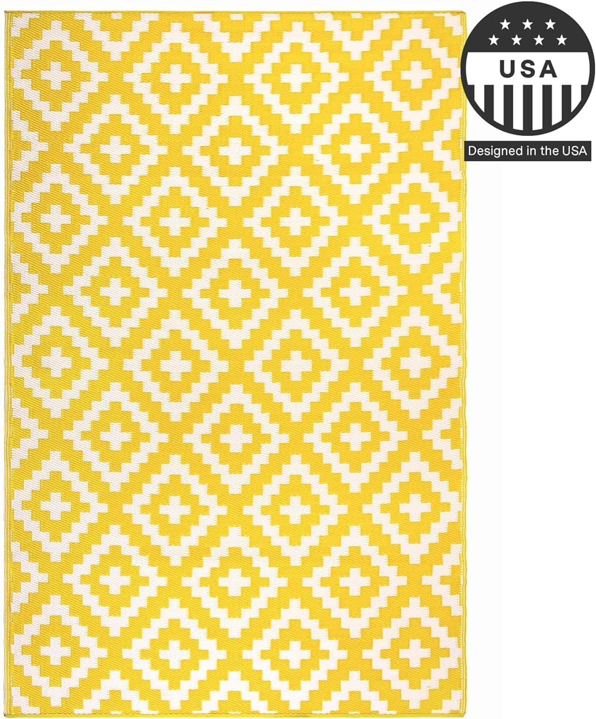 Outdoor Camping Rug - Waterproof, Fade Resistant, Reversible - Premium Recycled Plastic - Geometric - Picnic, Patio, Deck, Sunroom, RV - Aztec - Yellow & White - 4 x 6 ft Foldable
