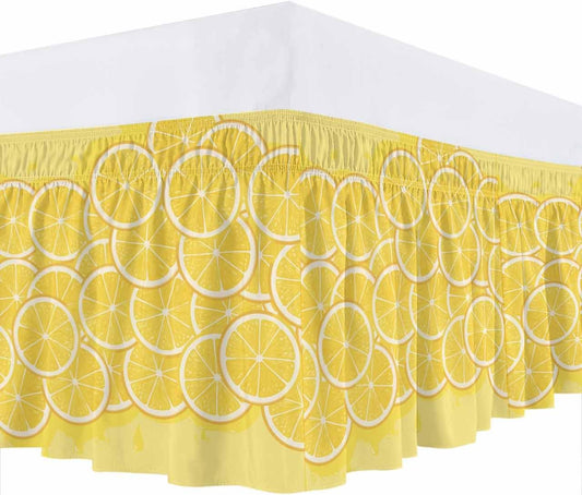 Yellow Lemon Wrap Around Bed Skirt Cal King Size, Dust Ruffled 18 Inch Tailored Drop with Adjustable Elastic Belt Pleated, Summer Botanical Watercolor Modern Art Luxury Bedding Skirts for Bedroom