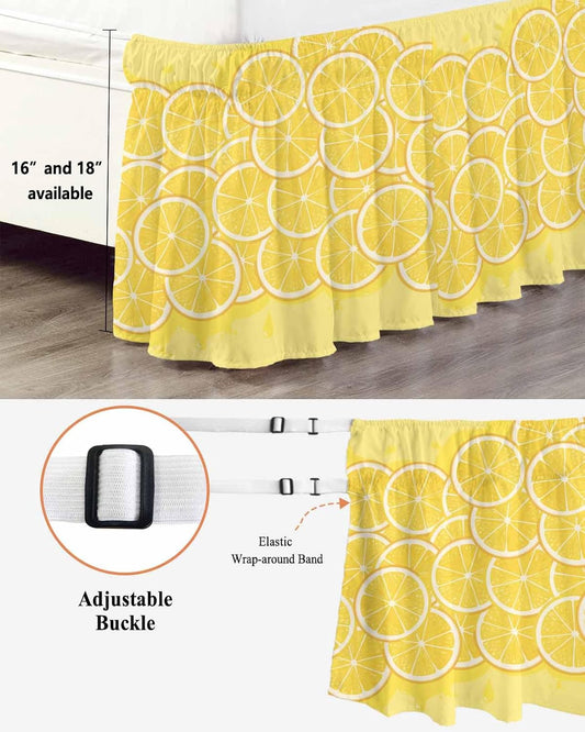 Yellow Lemon Wrap Around Bed Skirt Cal King Size, Dust Ruffled 18 Inch Tailored Drop with Adjustable Elastic Belt Pleated, Summer Botanical Watercolor Modern Art Luxury Bedding Skirts for Bedroom
