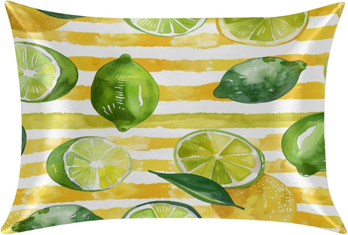 Yellow Striped Lemon Satin Pillowcase for Hair and Skin Pillow Cases Standard Size Soft Cooling Satin Pillow Covers with Zipper for Men Women 20x26 Inches