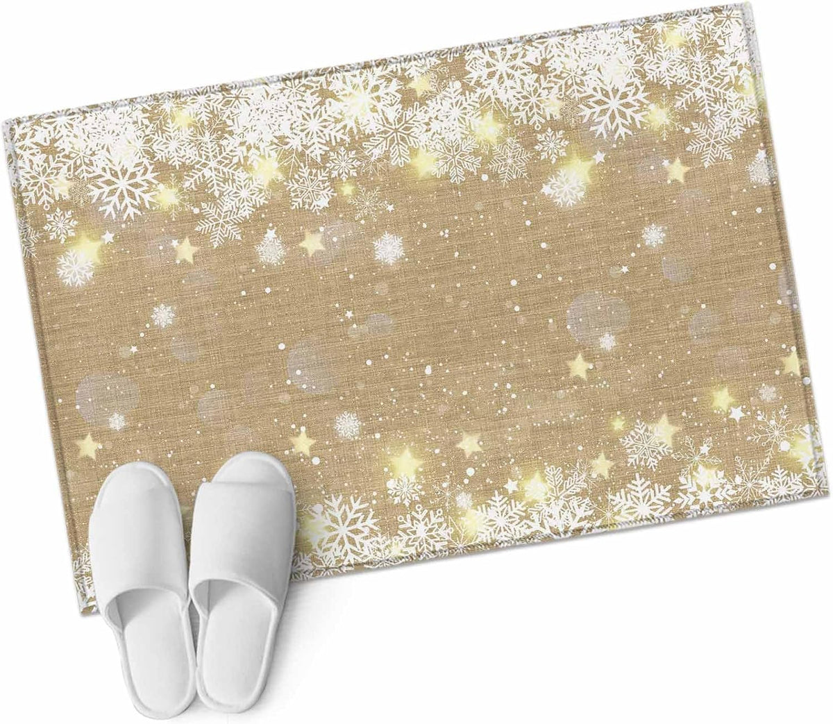 Rectangle Area Rug 2x3ft, Christmas Snowflake Yellow Star on Brown Non Slip Floor Mat, Winter Snow Scene Non Shedding Washable Floor Carpets for Living Room Bedroom Home Decor