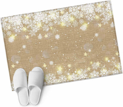 Rectangle Area Rug 2x3ft, Christmas Snowflake Yellow Star on Brown Non Slip Floor Mat, Winter Snow Scene Non Shedding Washable Floor Carpets for Living Room Bedroom Home Decor