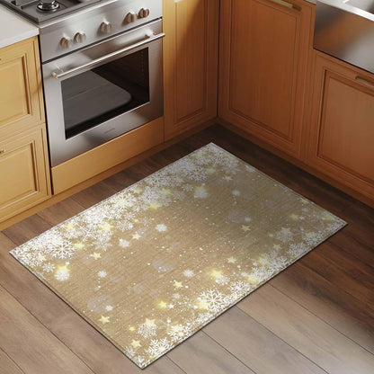 Rectangle Area Rug 2x3ft, Christmas Snowflake Yellow Star on Brown Non Slip Floor Mat, Winter Snow Scene Non Shedding Washable Floor Carpets for Living Room Bedroom Home Decor