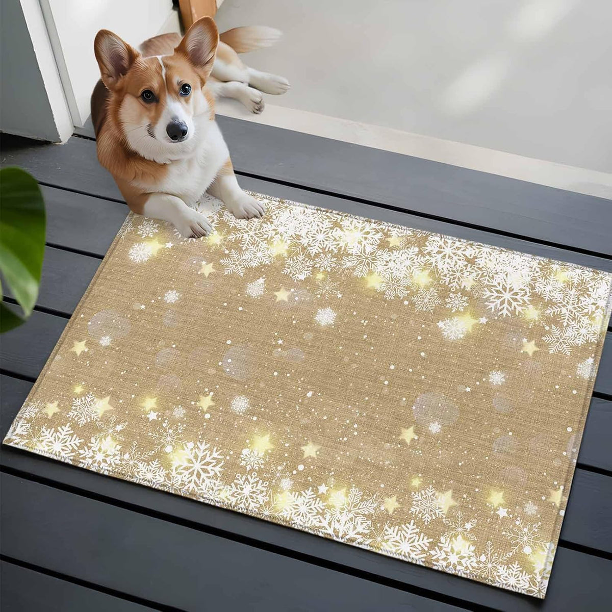 Rectangle Area Rug 2x3ft, Christmas Snowflake Yellow Star on Brown Non Slip Floor Mat, Winter Snow Scene Non Shedding Washable Floor Carpets for Living Room Bedroom Home Decor