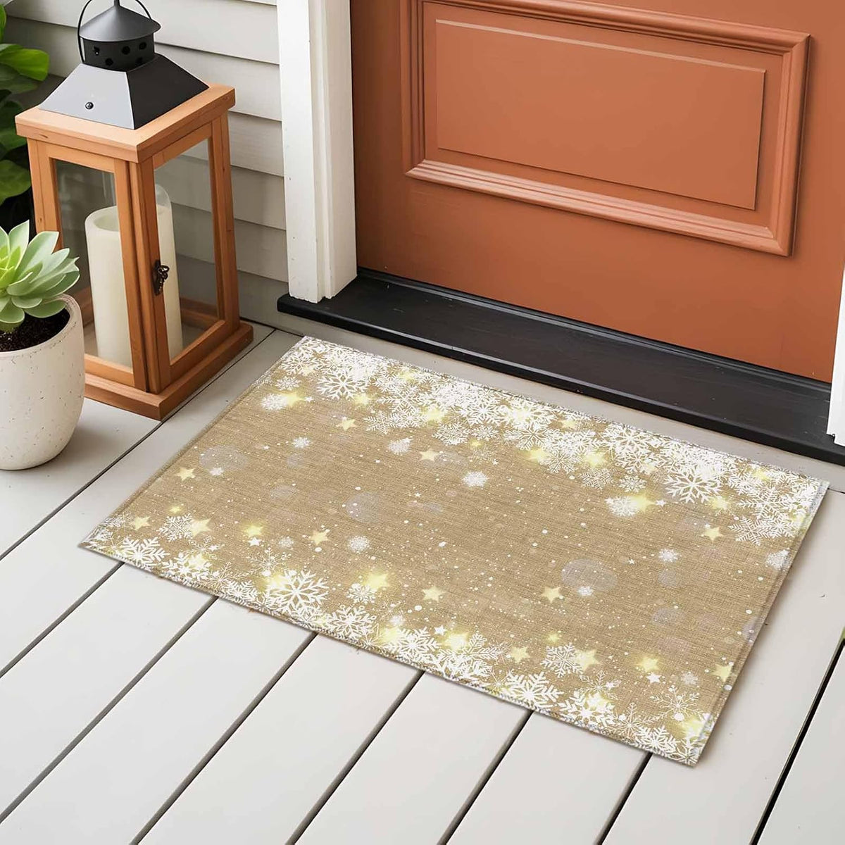 Rectangle Area Rug 2x3ft, Christmas Snowflake Yellow Star on Brown Non Slip Floor Mat, Winter Snow Scene Non Shedding Washable Floor Carpets for Living Room Bedroom Home Decor