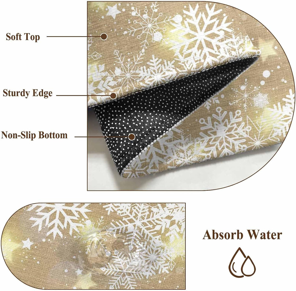 Rectangle Area Rug 2x3ft, Christmas Snowflake Yellow Star on Brown Non Slip Floor Mat, Winter Snow Scene Non Shedding Washable Floor Carpets for Living Room Bedroom Home Decor