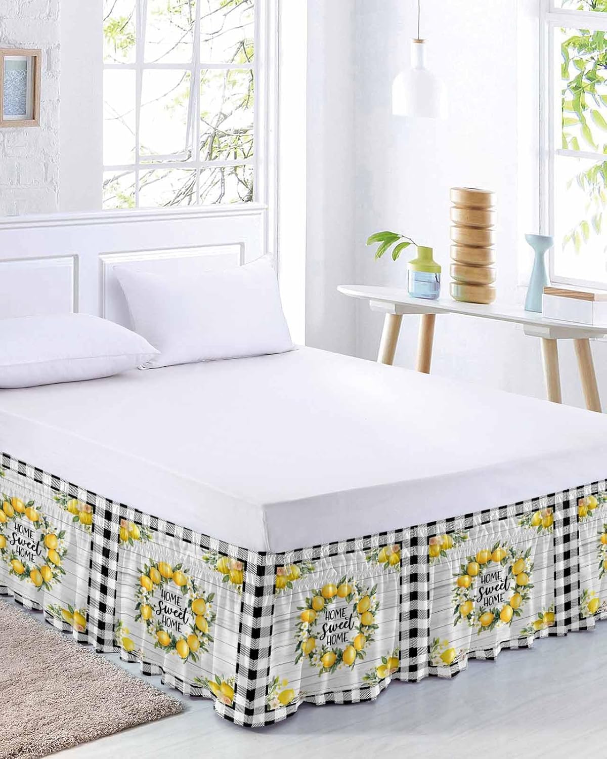 Yellow Lemon Bed Skirt Queen Size 16 Inch Drop, Adjustable Elastic Wrap Around Bed Skirts Easy Fitting Dust Ruffle Bedskirt Bed Frame Cover Farmhouse Black Buffalo Plaid Grey Wooden