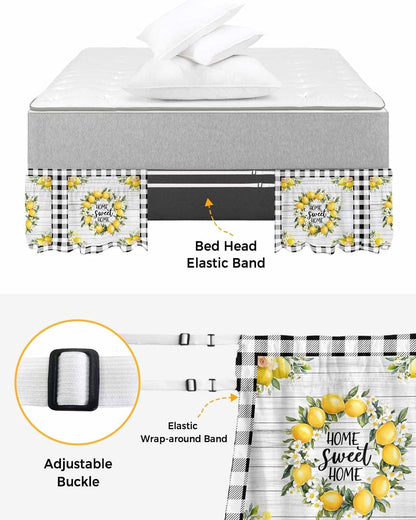 Yellow Lemon Bed Skirt Queen Size 16 Inch Drop, Adjustable Elastic Wrap Around Bed Skirts Easy Fitting Dust Ruffle Bedskirt Bed Frame Cover Farmhouse Black Buffalo Plaid Grey Wooden