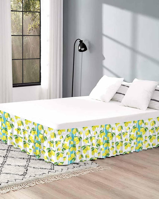 Yellow Lemons Bed Skirt Queen Size 16 Inch Drop, Adjustable Elastic Wrap Around Bed Skirts Easy Fitting Dust Ruffle Bedskirt Bed Frame Cover Summer Botanical Watercolor