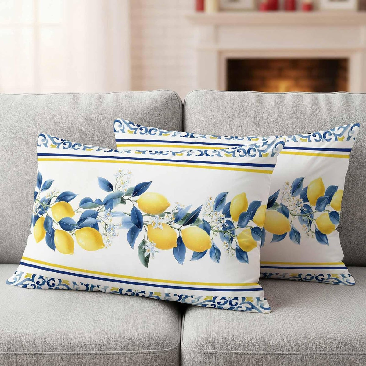 Summer Lemon Outdoor Pillow Covers Pack of 2 Lemon Flower Mediterranean Waterproof Garden Farmhouse Cushion Cases Decorative for Patio Furniture Balcony Couch Sofa 20 x 12 Inch