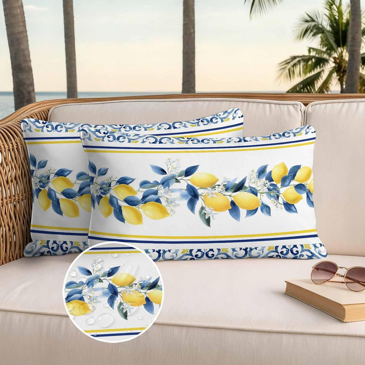 Summer Lemon Outdoor Pillow Covers Pack of 2 Lemon Flower Mediterranean Waterproof Garden Farmhouse Cushion Cases Decorative for Patio Furniture Balcony Couch Sofa 20 x 12 Inch