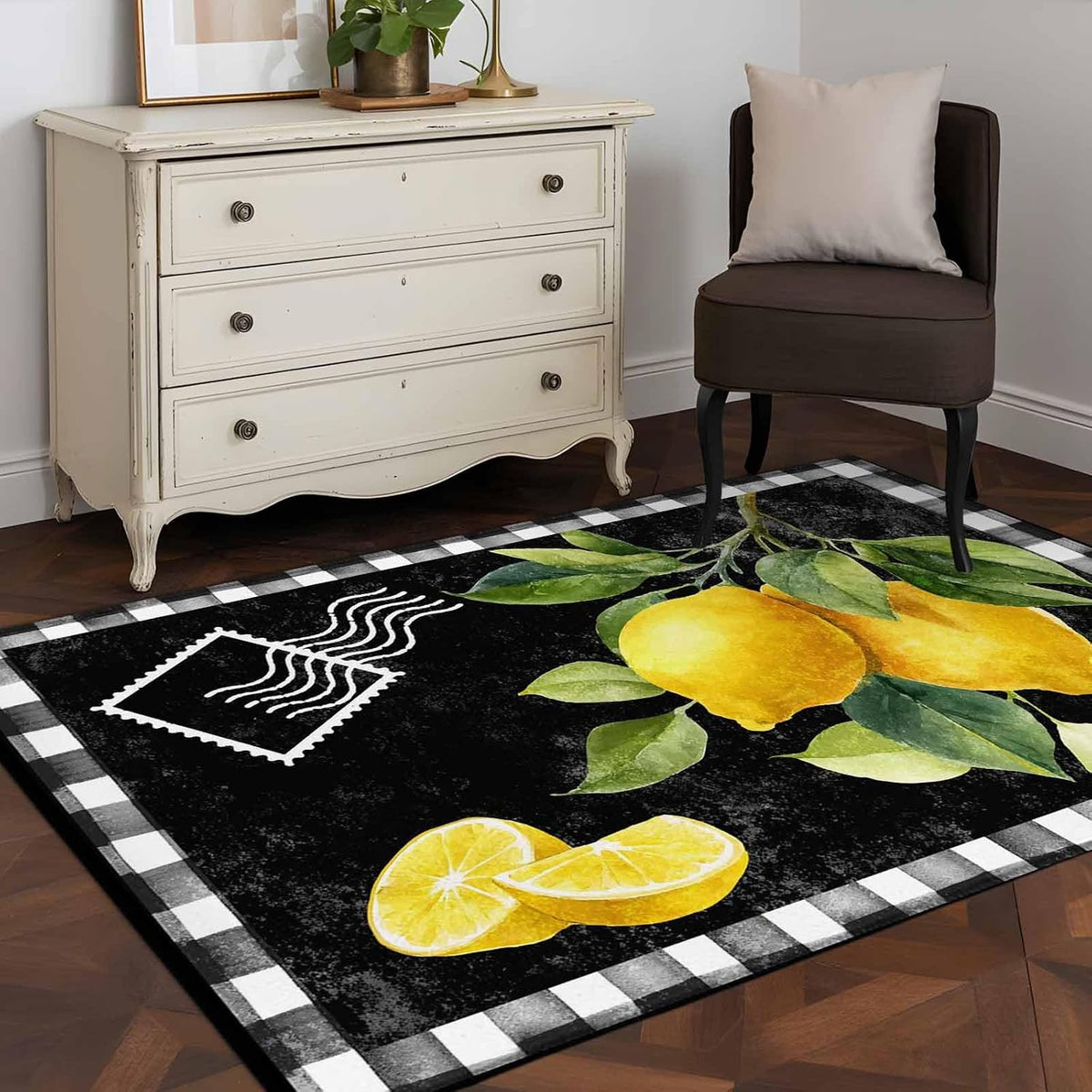 3'x5' Area Rugs, Yellow Lemon Indoor Outdoor Area Rug for Living Room Bedroom, Summer Botanical Black White Checkered Washable Bathroom Rugs Kitchen Floor Carpet Mats Home Decor Aesthetic