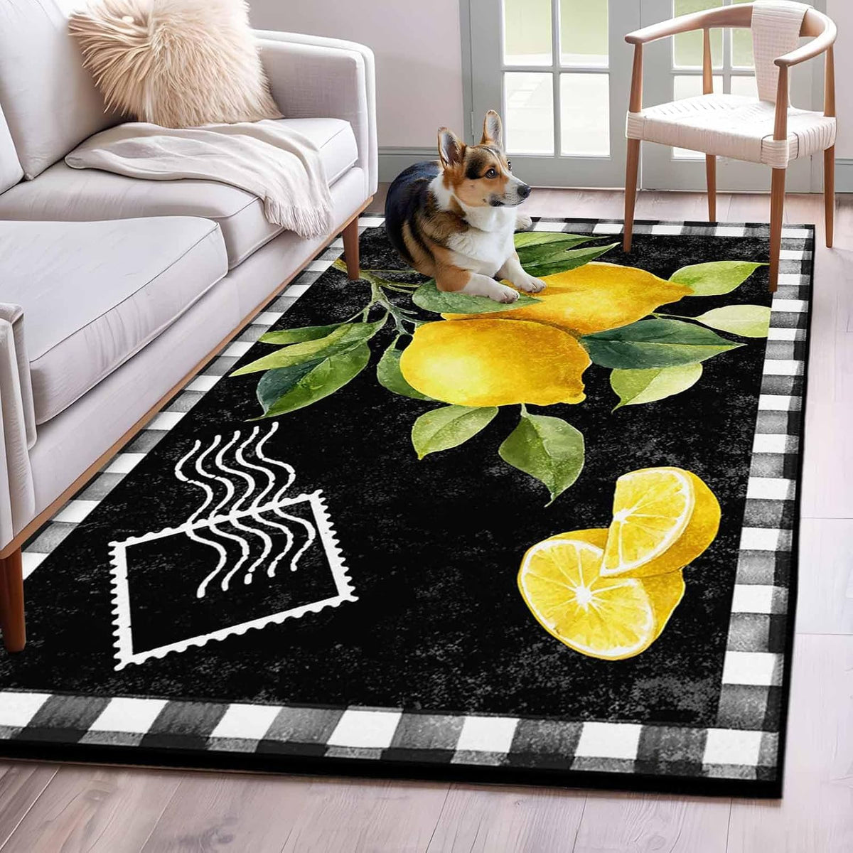3'x5' Area Rugs, Yellow Lemon Indoor Outdoor Area Rug for Living Room Bedroom, Summer Botanical Black White Checkered Washable Bathroom Rugs Kitchen Floor Carpet Mats Home Decor Aesthetic