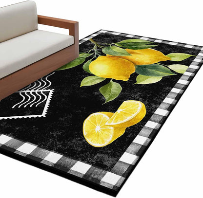3'x5' Area Rugs, Yellow Lemon Indoor Outdoor Area Rug for Living Room Bedroom, Summer Botanical Black White Checkered Washable Bathroom Rugs Kitchen Floor Carpet Mats Home Decor Aesthetic