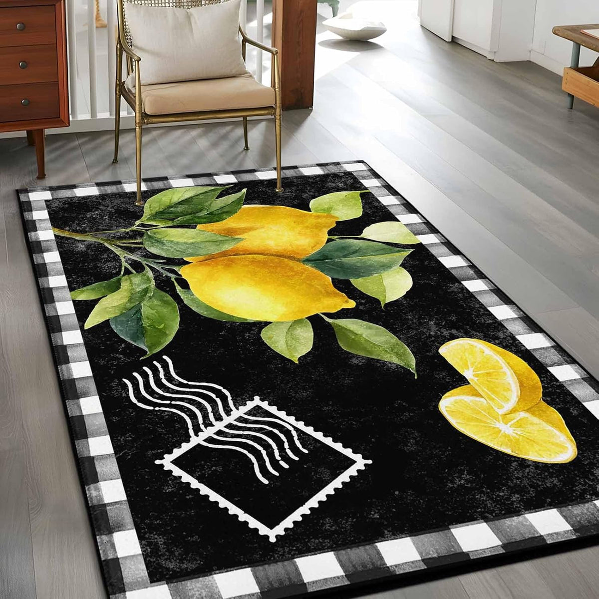 3'x5' Area Rugs, Yellow Lemon Indoor Outdoor Area Rug for Living Room Bedroom, Summer Botanical Black White Checkered Washable Bathroom Rugs Kitchen Floor Carpet Mats Home Decor Aesthetic