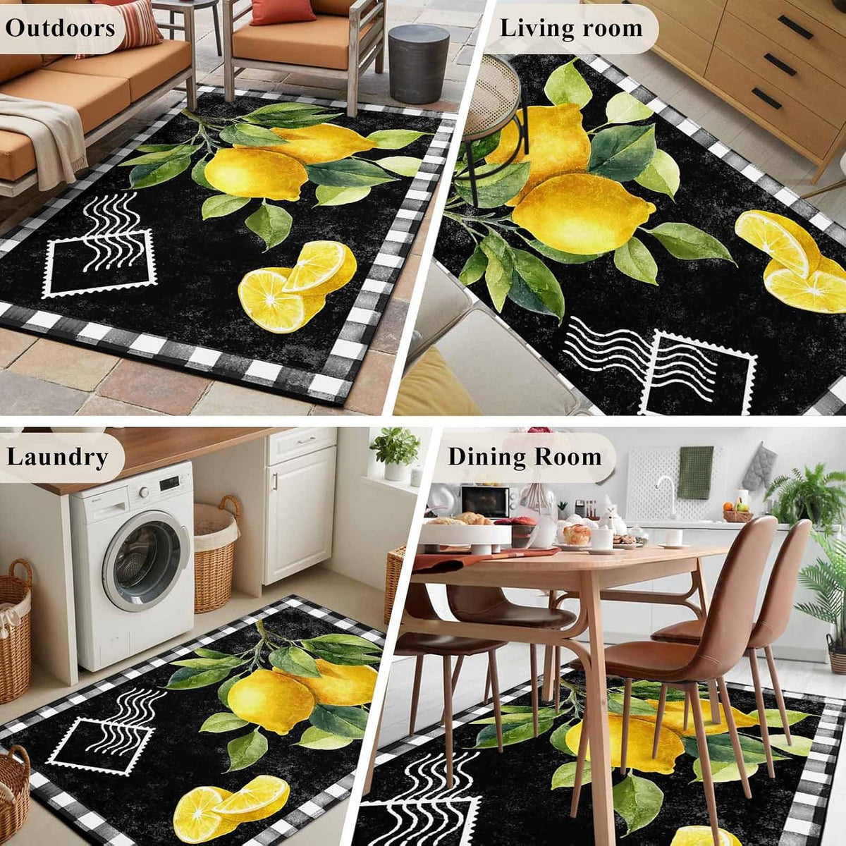 3'x5' Area Rugs, Yellow Lemon Indoor Outdoor Area Rug for Living Room Bedroom, Summer Botanical Black White Checkered Washable Bathroom Rugs Kitchen Floor Carpet Mats Home Decor Aesthetic