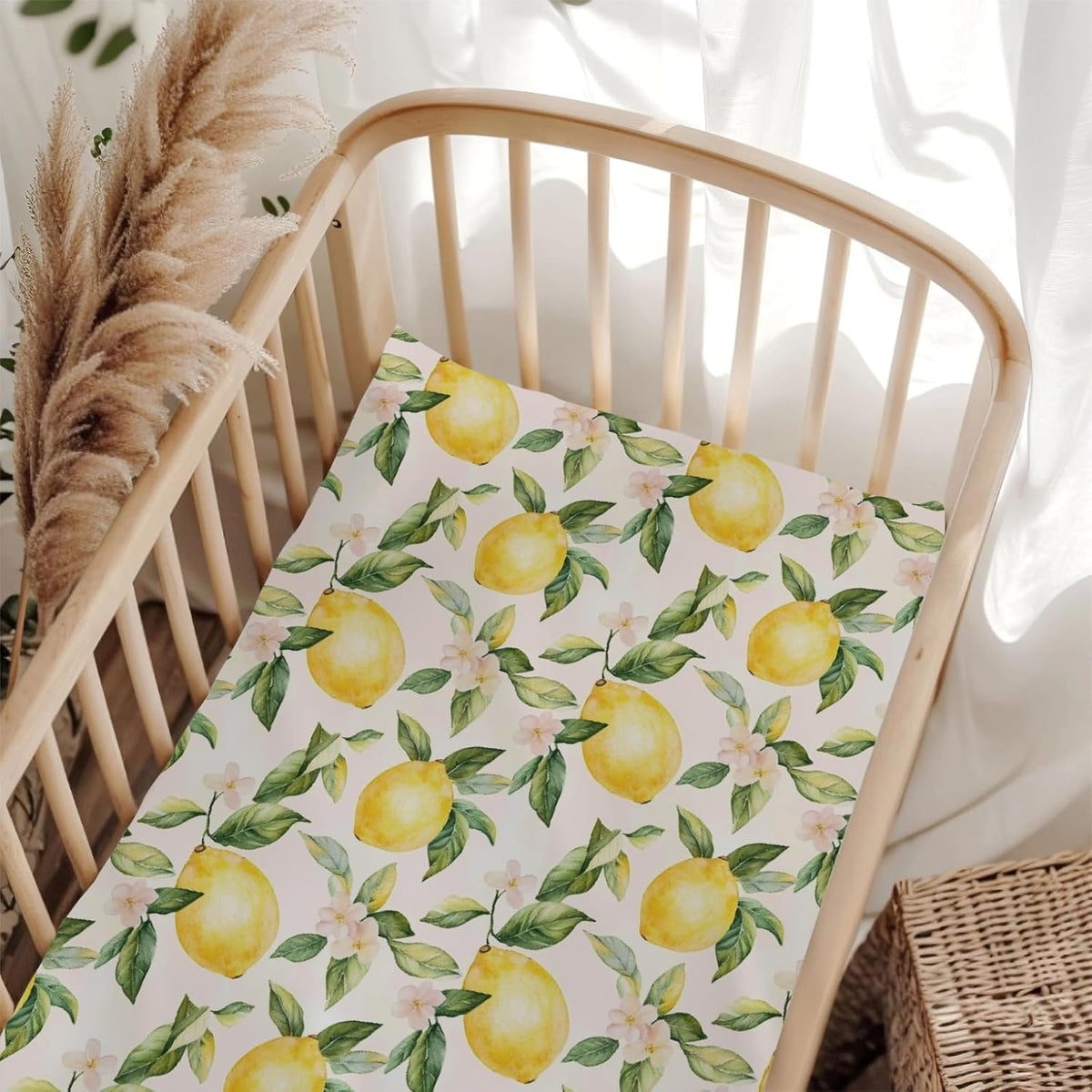 Cute Lemon Floral Leaves Pink Fitted Crib Sheet for Baby Girls Boys 28x52 Inch Yellow Lemons Wildflowers Baby Sheet for Standard Crib and Toddler Summer Fruit Bed Mattress Nursery Bed