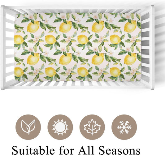 Cute Lemon Floral Leaves Pink Fitted Crib Sheet for Baby Girls Boys 28x52 Inch Yellow Lemons Wildflowers Baby Sheet for Standard Crib and Toddler Summer Fruit Bed Mattress Nursery Bed