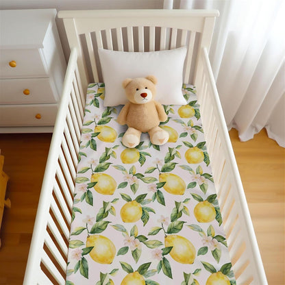 Cute Lemon Floral Leaves Pink Fitted Crib Sheet for Baby Girls Boys 28x52 Inch Yellow Lemons Wildflowers Baby Sheet for Standard Crib and Toddler Summer Fruit Bed Mattress Nursery Bed