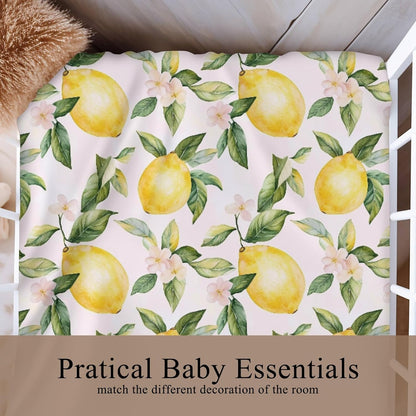 Cute Lemon Floral Leaves Pink Fitted Crib Sheet for Baby Girls Boys 28x52 Inch Yellow Lemons Wildflowers Baby Sheet for Standard Crib and Toddler Summer Fruit Bed Mattress Nursery Bed