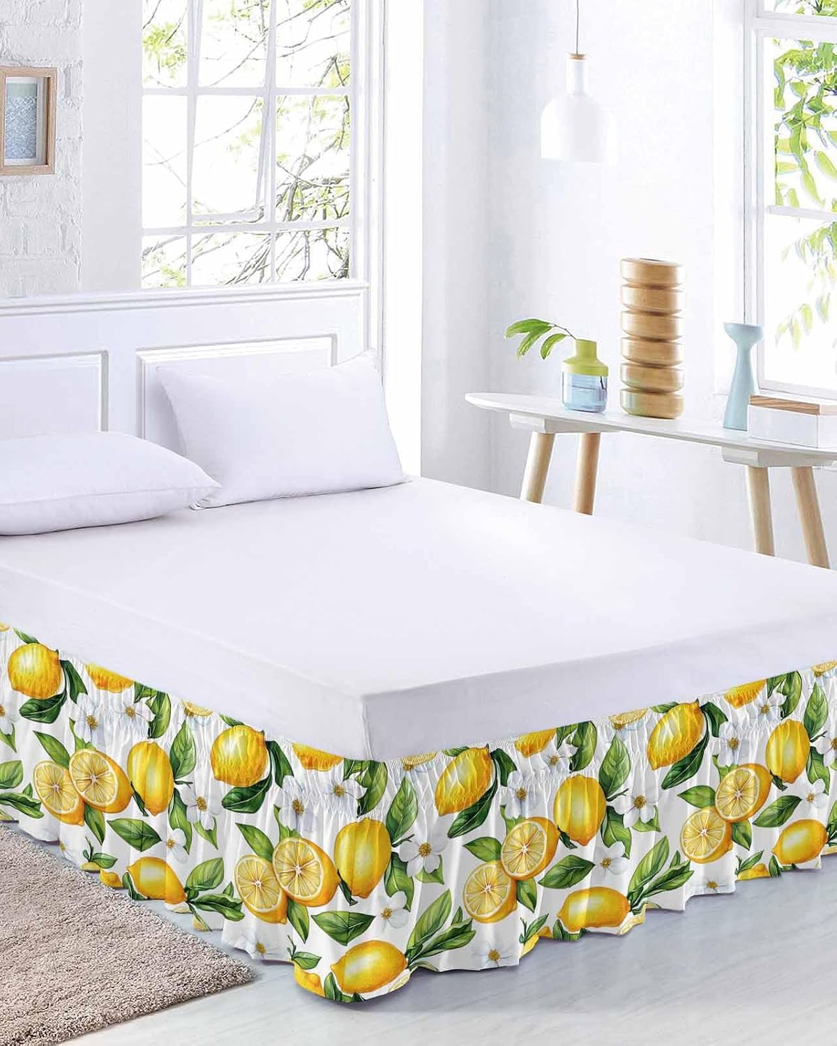 Lemon Flower Bed Skirt Queen Size 16 Inch Drop, Adjustable Elastic Wrap Around Bed Skirts Easy Fitting Dust Ruffle Bedskirt Bed Frame Cover Yellow Fruit White Spring Blooms Botanicals