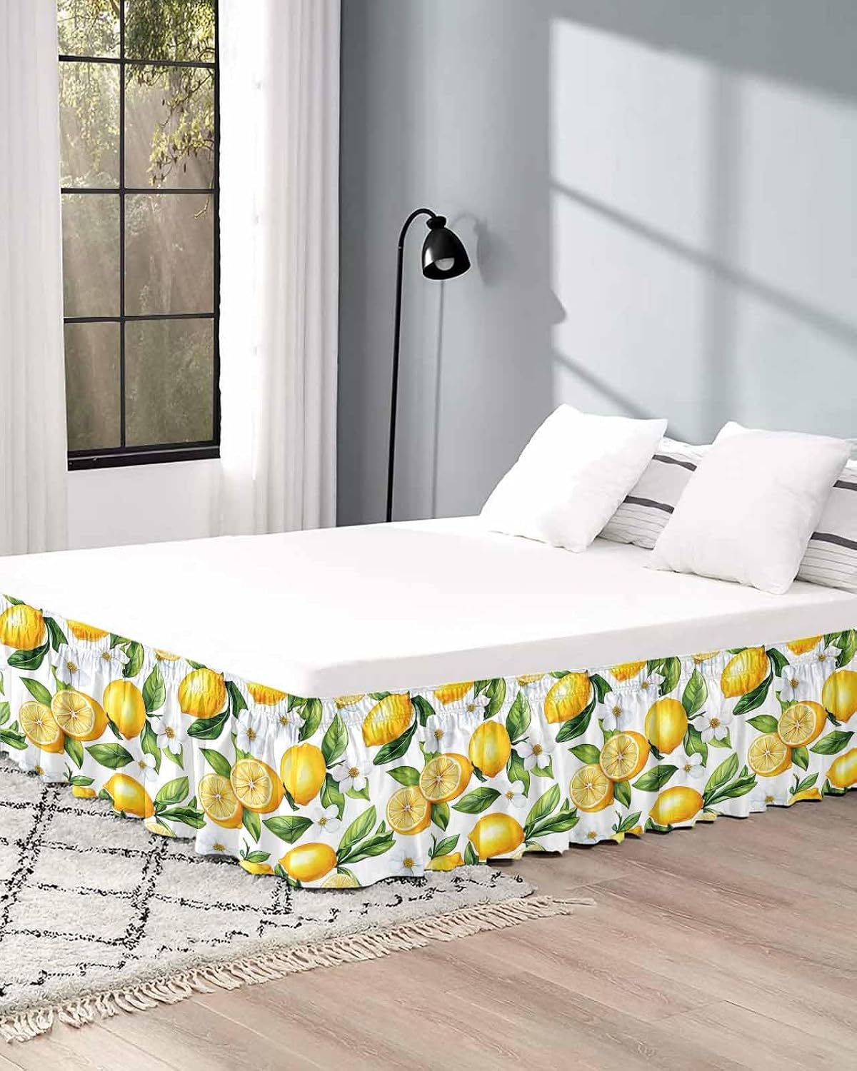 Lemon Flower Bed Skirt Queen Size 16 Inch Drop, Adjustable Elastic Wrap Around Bed Skirts Easy Fitting Dust Ruffle Bedskirt Bed Frame Cover Yellow Fruit White Spring Blooms Botanicals