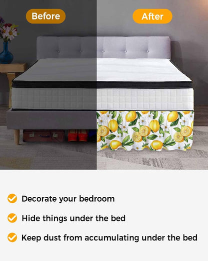 Lemon Flower Bed Skirt Queen Size 16 Inch Drop, Adjustable Elastic Wrap Around Bed Skirts Easy Fitting Dust Ruffle Bedskirt Bed Frame Cover Yellow Fruit White Spring Blooms Botanicals