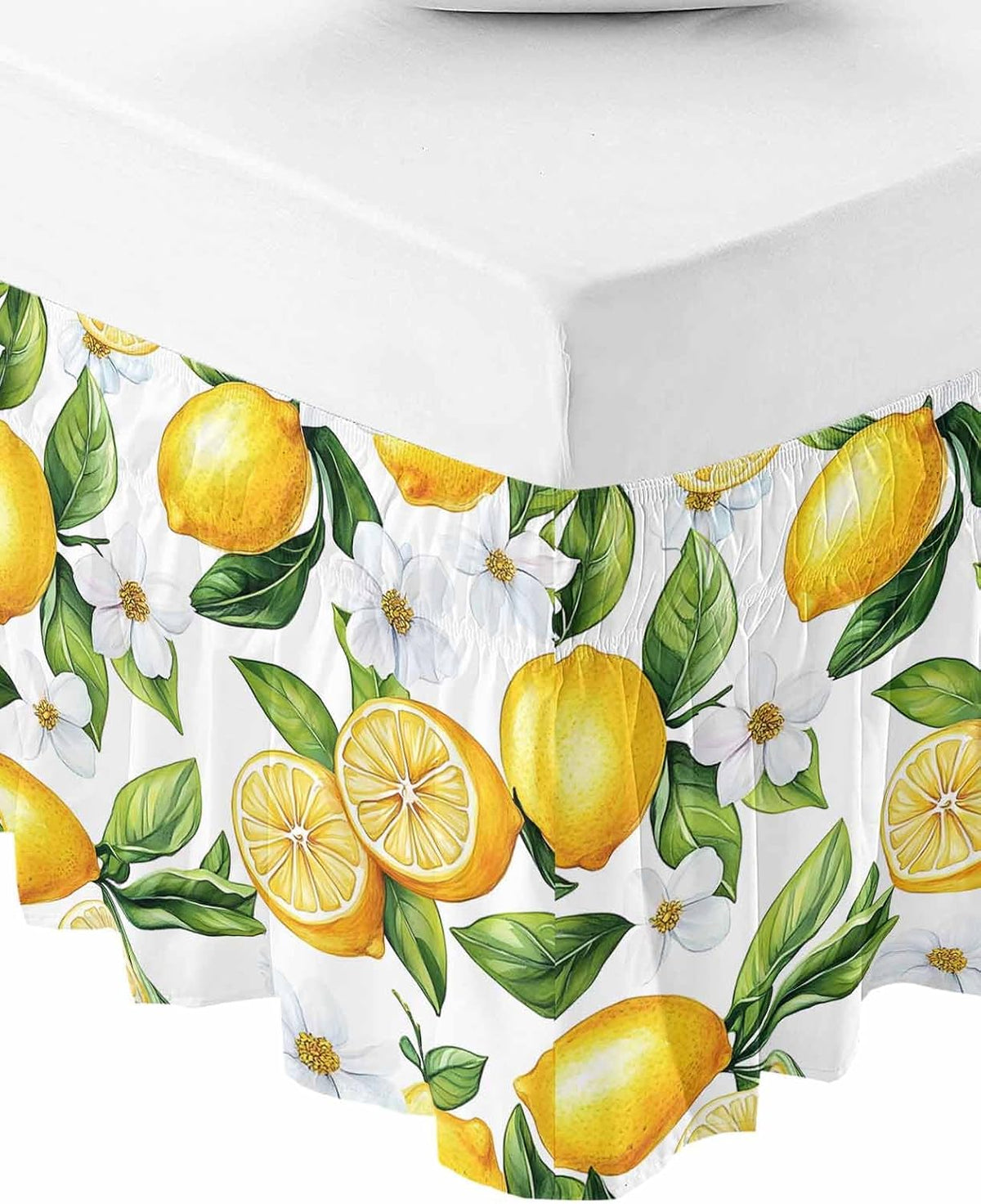 Lemon Flower Bed Skirt Queen Size 16 Inch Drop, Adjustable Elastic Wrap Around Bed Skirts Easy Fitting Dust Ruffle Bedskirt Bed Frame Cover Yellow Fruit White Spring Blooms Botanicals