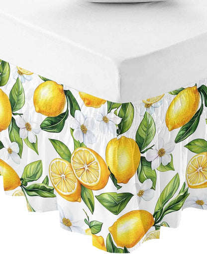 Lemon Flower Bed Skirt Queen Size 16 Inch Drop, Adjustable Elastic Wrap Around Bed Skirts Easy Fitting Dust Ruffle Bedskirt Bed Frame Cover Yellow Fruit White Spring Blooms Botanicals