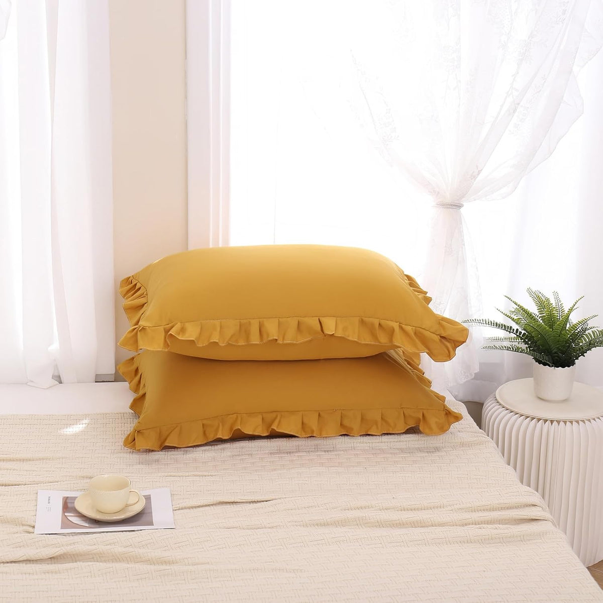 Mustard Yellow Pillowcases QueenPillowcases Set of 2 Ruffle Pillow Shams Cute Pillow Covers Solid Ruffled Fringe Design Yellow Shabby Chic Pillowcases 2 Pack