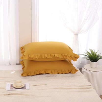 Mustard Yellow Pillowcases QueenPillowcases Set of 2 Ruffle Pillow Shams Cute Pillow Covers Solid Ruffled Fringe Design Yellow Shabby Chic Pillowcases 2 Pack