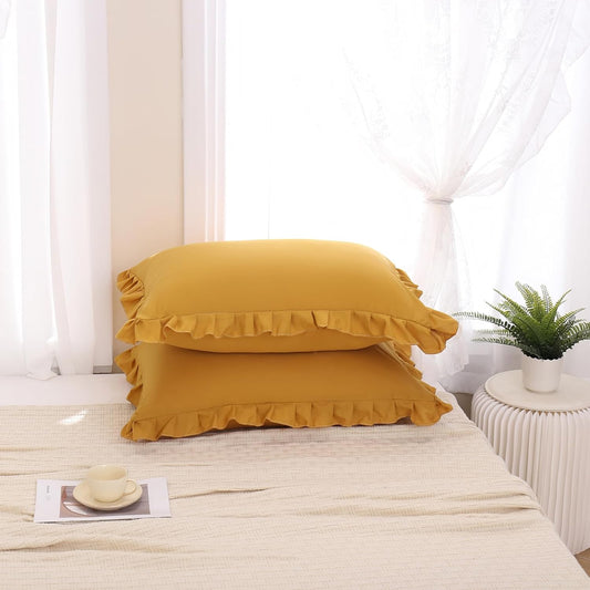 Mustard Yellow Pillowcases QueenPillowcases Set of 2 Ruffle Pillow Shams Cute Pillow Covers Solid Ruffled Fringe Design Yellow Shabby Chic Pillowcases 2 Pack