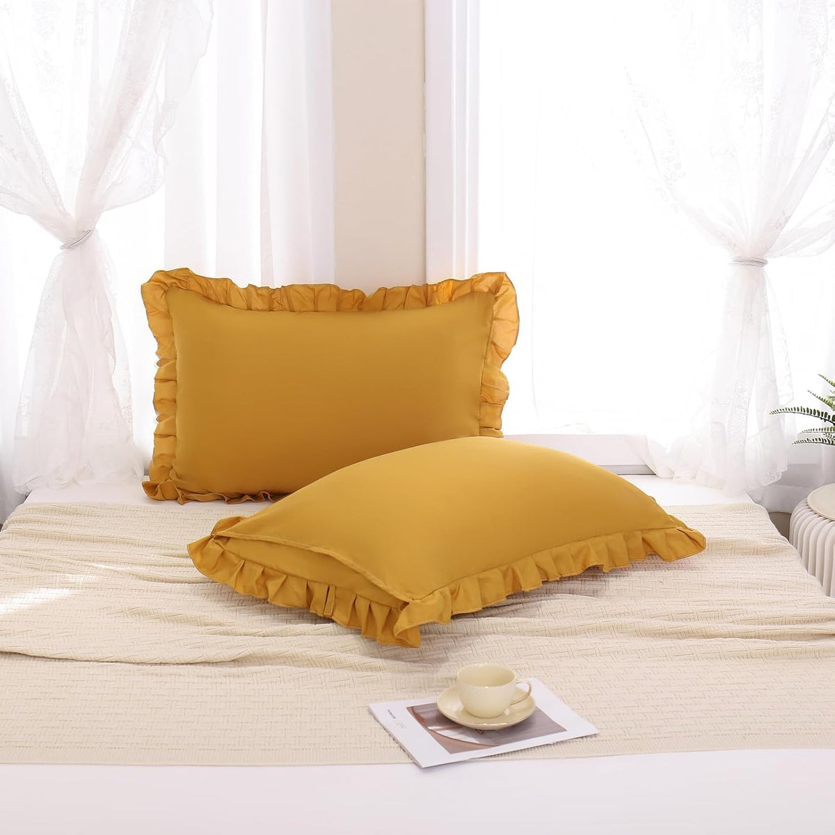 Mustard Yellow Pillowcases QueenPillowcases Set of 2 Ruffle Pillow Shams Cute Pillow Covers Solid Ruffled Fringe Design Yellow Shabby Chic Pillowcases 2 Pack