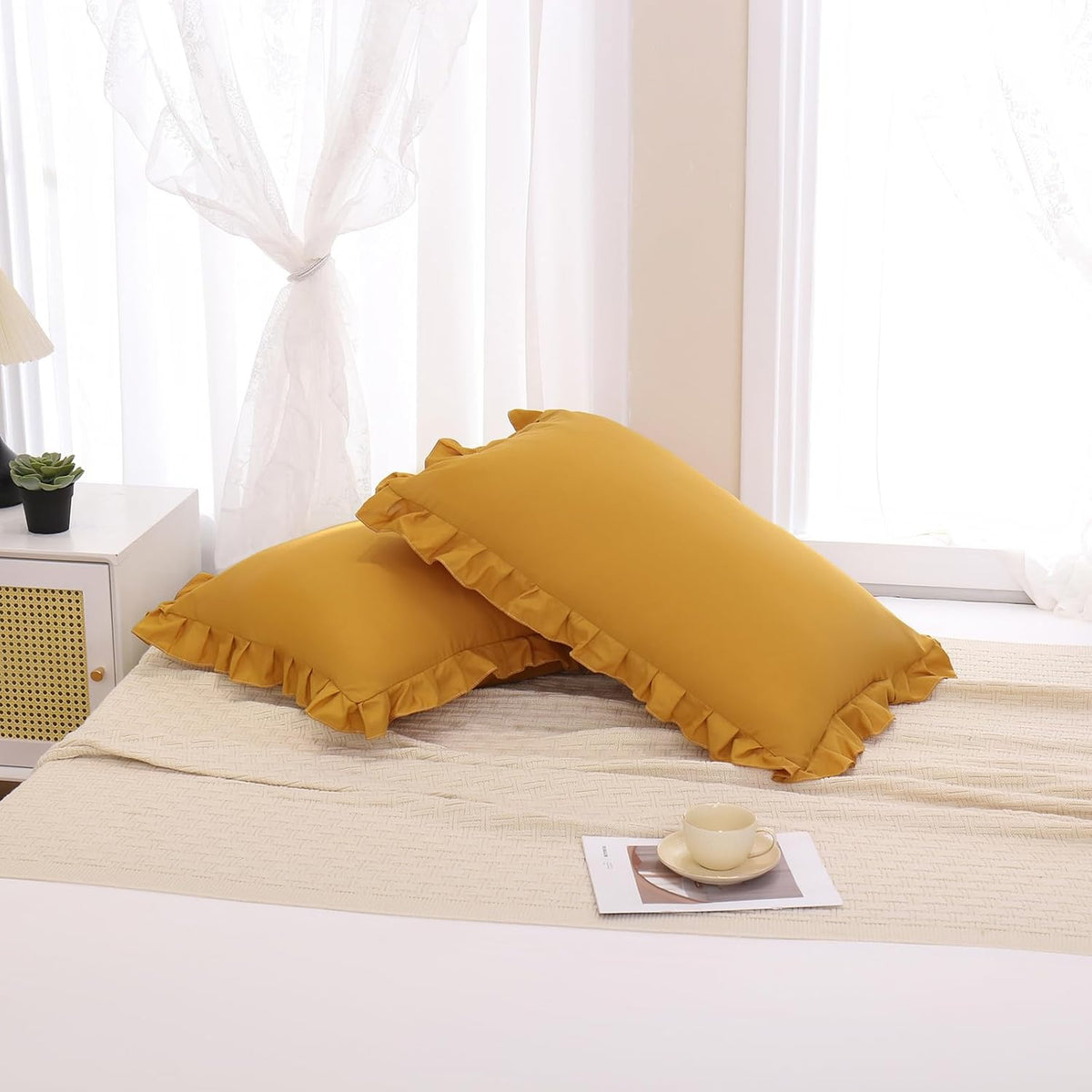 Mustard Yellow Pillowcases QueenPillowcases Set of 2 Ruffle Pillow Shams Cute Pillow Covers Solid Ruffled Fringe Design Yellow Shabby Chic Pillowcases 2 Pack