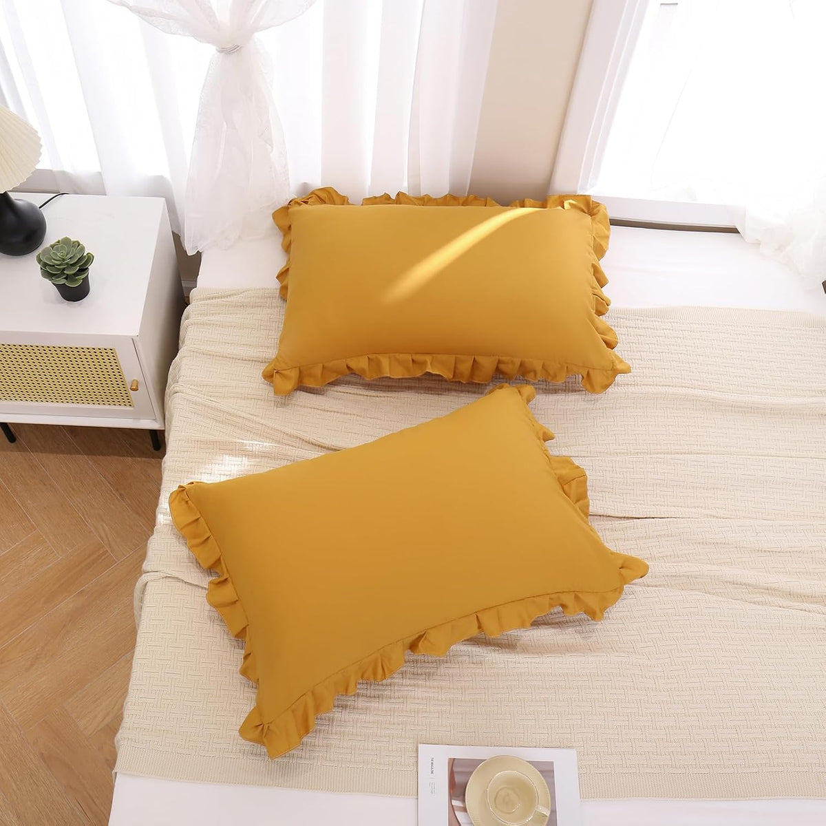 Mustard Yellow Pillowcases QueenPillowcases Set of 2 Ruffle Pillow Shams Cute Pillow Covers Solid Ruffled Fringe Design Yellow Shabby Chic Pillowcases 2 Pack