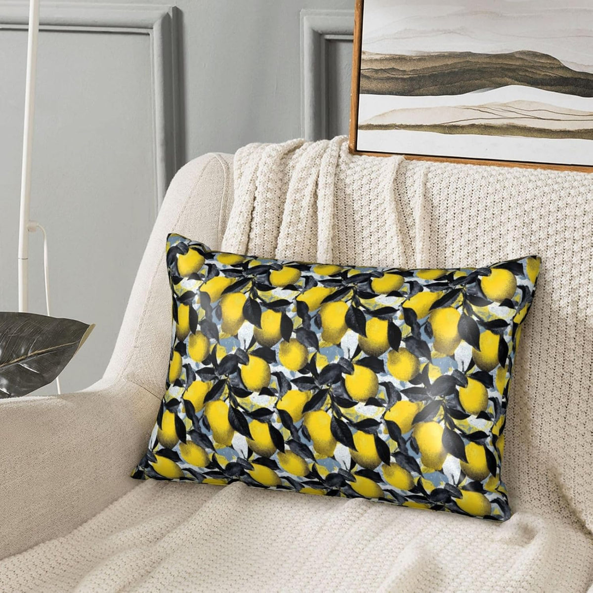 Yellow Lemon Black Leaves Print Satin Pillowcase for Hair and Skin, 20x30 Inches Pillow Cases, Queen Size Pillowcases with Zipper, Similar to Silk Pillow Covers