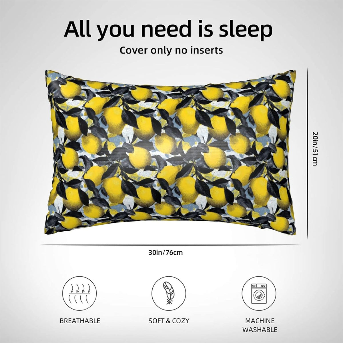Yellow Lemon Black Leaves Print Satin Pillowcase for Hair and Skin, 20x30 Inches Pillow Cases, Queen Size Pillowcases with Zipper, Similar to Silk Pillow Covers