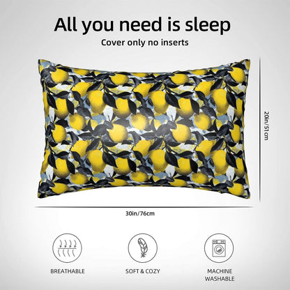 Yellow Lemon Black Leaves Print Satin Pillowcase for Hair and Skin, 20x30 Inches Pillow Cases, Queen Size Pillowcases with Zipper, Similar to Silk Pillow Covers